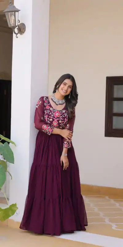 Ram 082 Wine Fox Georgette Gown Perfect for Wedding, Party, Sangeet, Durga Puja, Reception – . Grab it for ₹1849. Delivery 4-6 Working Days. Shop now. | Casual Suits, Jump Suits, Creative suits, Designer Suits, Palazzo Suits, Party Wear Suits, Patiala Suits, Salwar suit, Straight Suits