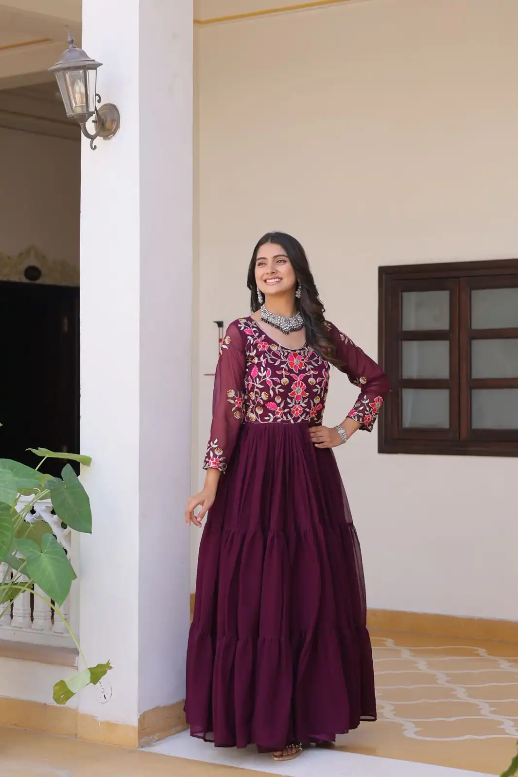Ram 082 Wine Fox Georgette Gown Perfect for Wedding, Party, Sangeet, Durga Puja, Reception – . Grab it for ₹1849. Delivery 4-6 Working Days. Shop now. | Casual Suits, Jump Suits, Creative suits, Designer Suits, Palazzo Suits, Party Wear Suits, Patiala Suits, Salwar suit, Straight Suits