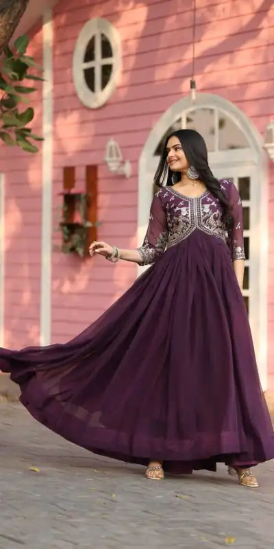 Ram 089 Wine Fox Georgette Gown with Designer Work. Wedding, Party, Festive, Events Introductory Price ₹1749. Delivery 4-6 Working Days. Shop now. | Casual Suits, Jump Suits, Creative suits, Designer Suits, Palazzo Suits, Party Wear Suits, Patiala Suits, Salwar suit, Straight Suits