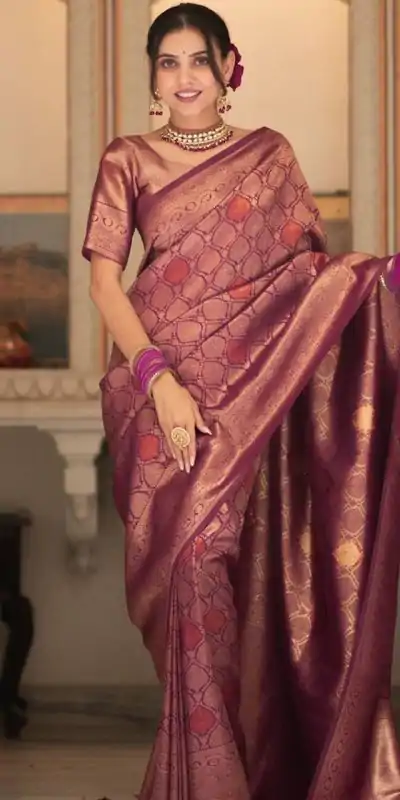 Wine Soft Lichi With Jacquard Work Silk Saree