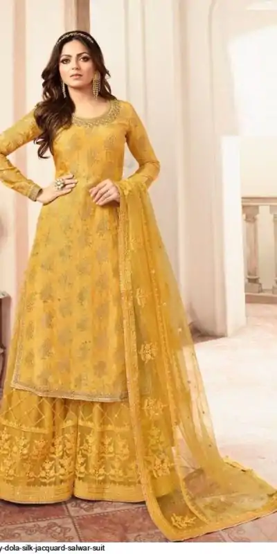 FC L.t 5401 Yellow Color Jacquard Silk Georgette Diamond Sharara Suit Wedding, Party, Festive Expected Delivery 4-6 Working Days  @2999/- | Casual Suits, Jump Suits, Creative suits, Designer Suits, Palazzo Suits, Party Wear Suits, Patiala Suits, Salwar suit, Straight Suits