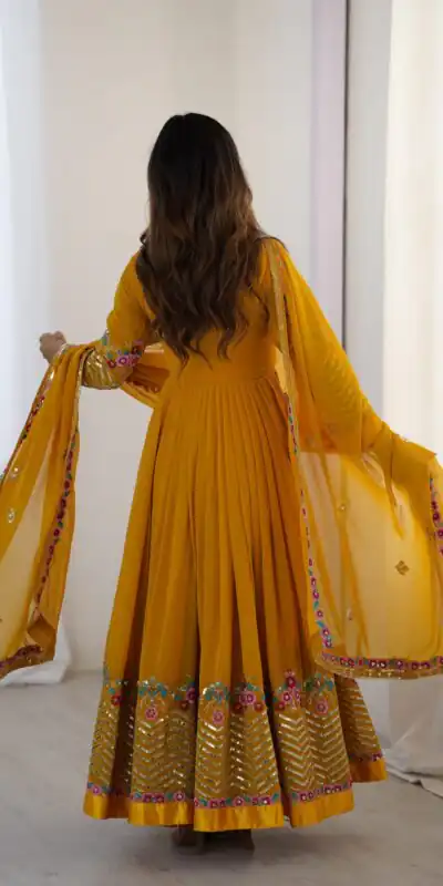 ZF 5010 Yellow Georgette Gown Perfect for Wedding, Party, Pooja, Ethnic Day, Karwa Chauth – . Best Price ₹2049. Delivery 4-6 Working Days. Shop now. | Casual Suits, Jump Suits, Creative suits, Designer Suits, Palazzo Suits, Party Wear Suits, Patiala Suits, Salwar suit, Straight Suits