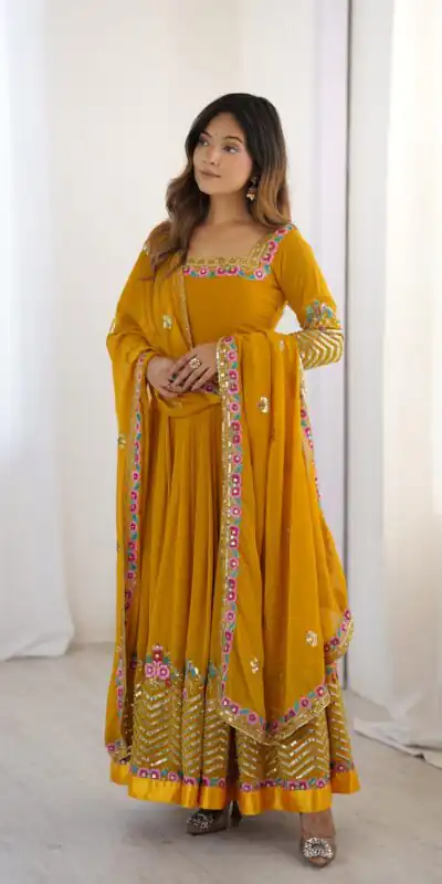 ZF 5010 Yellow Georgette Gown Perfect for Wedding, Party, Pooja, Ethnic Day, Karwa Chauth – . Best Price ₹2049. Delivery 4-6 Working Days. Shop now. | Casual Suits, Jump Suits, Creative suits, Designer Suits, Palazzo Suits, Party Wear Suits, Patiala Suits, Salwar suit, Straight Suits