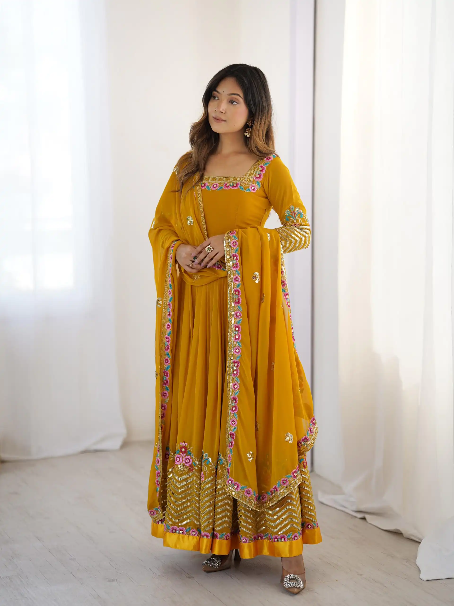 ZF 5010 Yellow Georgette Gown Perfect for Wedding, Party, Pooja, Ethnic Day, Karwa Chauth – . Best Price ₹2049. Delivery 4-6 Working Days. Shop now. | Casual Suits, Jump Suits, Creative suits, Designer Suits, Palazzo Suits, Party Wear Suits, Patiala Suits, Salwar suit, Straight Suits