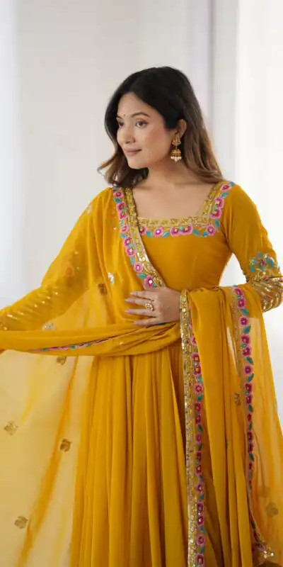 ZF 5010 Yellow Georgette Gown Perfect for Wedding, Party, Pooja, Ethnic Day, Karwa Chauth – . Best Price ₹2049. Delivery 4-6 Working Days. Shop now. | Casual Suits, Jump Suits, Creative suits, Designer Suits, Palazzo Suits, Party Wear Suits, Patiala Suits, Salwar suit, Straight Suits