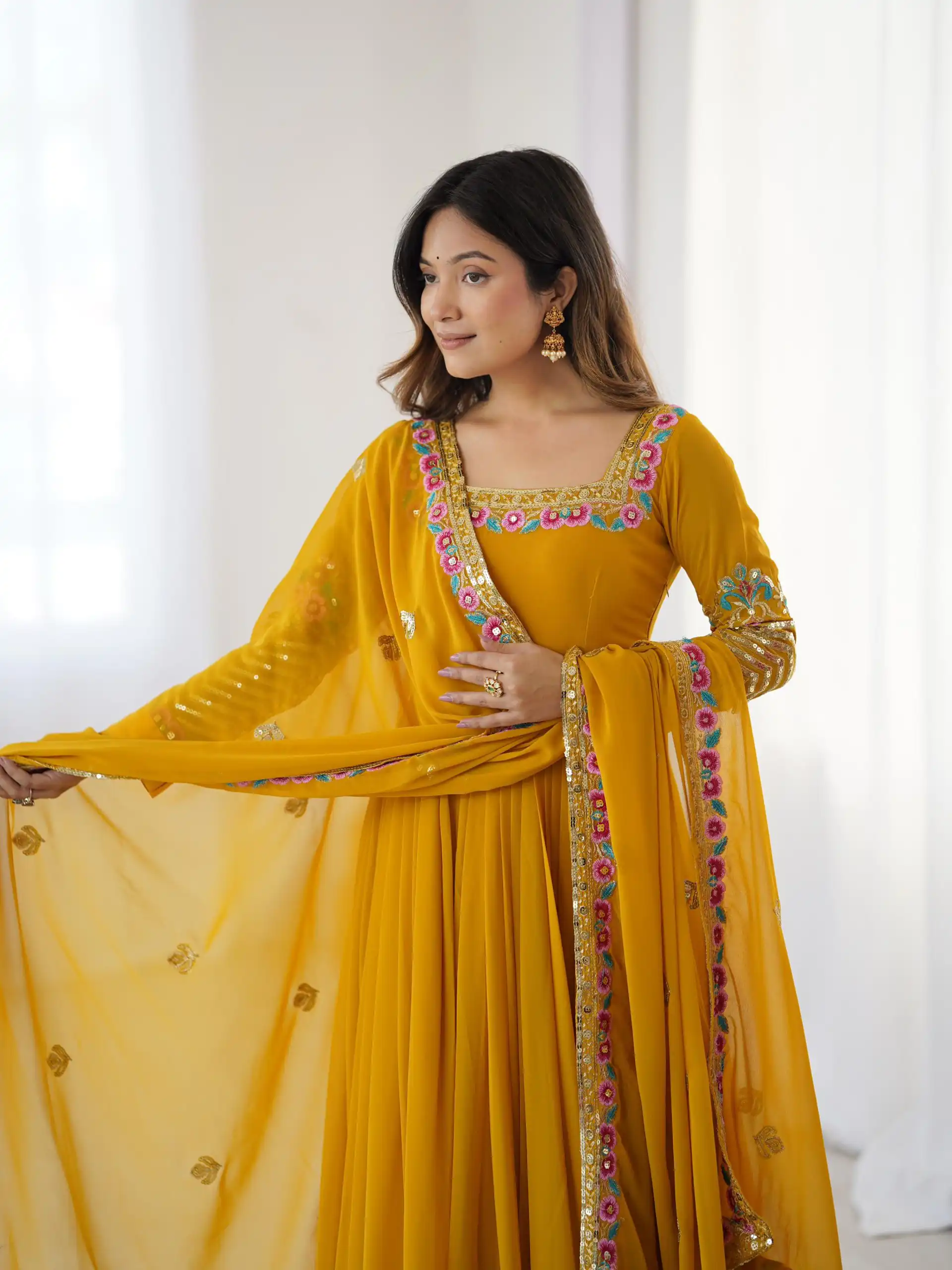 ZF 5010 Yellow Georgette Gown Perfect for Wedding, Party, Pooja, Ethnic Day, Karwa Chauth – . Best Price ₹2049. Delivery 4-6 Working Days. Shop now. | Casual Suits, Jump Suits, Creative suits, Designer Suits, Palazzo Suits, Party Wear Suits, Patiala Suits, Salwar suit, Straight Suits