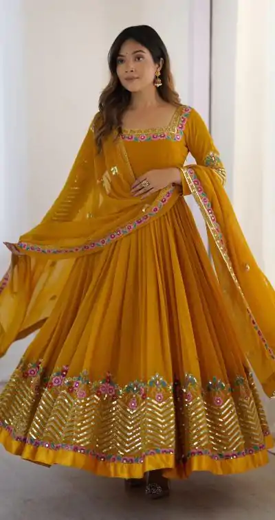 ZF 5010 Yellow Georgette Gown Perfect for Wedding, Party, Pooja, Ethnic Day, Karwa Chauth – . Best Price ₹2049. Delivery 4-6 Working Days. Shop now. | Casual Suits, Jump Suits, Creative suits, Designer Suits, Palazzo Suits, Party Wear Suits, Patiala Suits, Salwar suit, Straight Suits