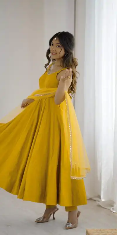 KB 285 Yellow in Roman Silk Chanderi Mirror Work & Lace Work Gown . Best Price ₹1929. Delivery 4-6 Working Days. Shop now. | Casual Suits, Jump Suits, Creative suits, Designer Suits, Palazzo Suits, Party Wear Suits, Patiala Suits, Salwar suit, Straight Suits