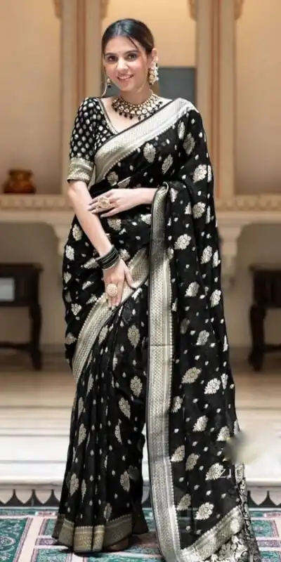 Black Soft Lichi Silk Jacquard Work Saree