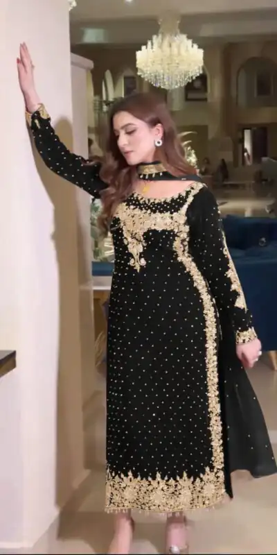 Black Viscose Velvet Lace Embroidery Work Salwar Suit