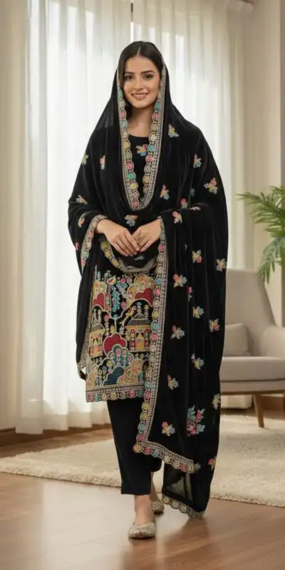SRK 5220 Black Viscose Velvet Salwar Suit Perfect for Wedding, Party, Family Gatherings, Baby Shower, Mehendi – . Introductory Price ₹2099. Delivery 4 | Bollywood Lehenga, Creative Lehenga, Designer Lehenga, Embroidered Lehenga, Lehenga, Party Wear Lehenga