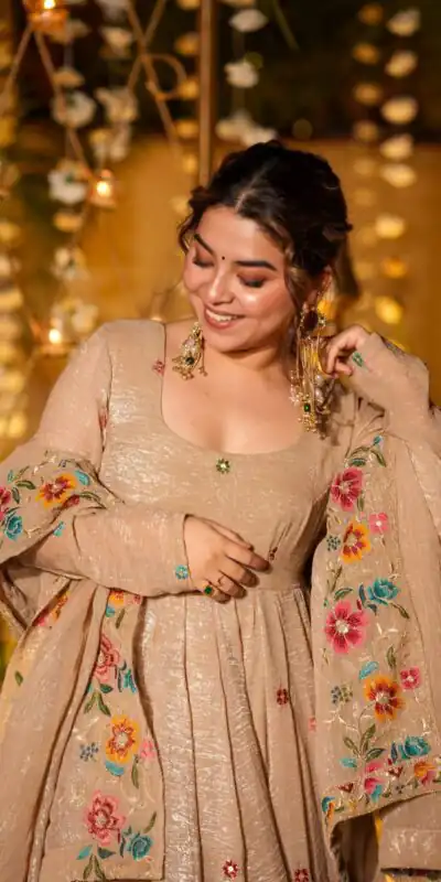 NSR 880 Cream Crunchy Silk Gown with Embroidery Work. Wedding, Party, Festive, Events Grab it for ₹2249. Delivery 4-6 Working Days. Shop now. | Bollywood Gowns, Creative Gowns, Designer Gowns, Embroidered Gowns, Gowns, Party Wear Gowns