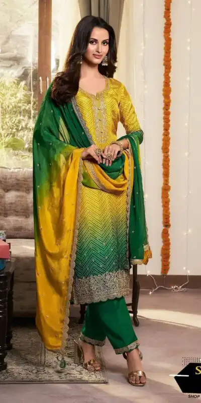 MF 1004 Green Chinoon Silk Salwar Suit with Embroidery Work. Available at ₹1749 only. Delivery 4-6 Working Days. Shop now. | Casual Suits, Jump Suits, Tops & Bottoms, Track Suits, Trendy Wear, Creative suits, Designer Suits, Palazzo Suits, Party Wear Suits, Patiala Suits, Salwar suit, Straight Suits
