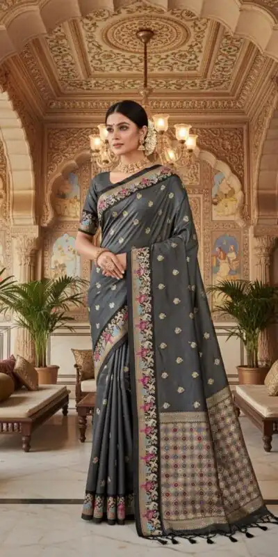 MS 545 Grey Banarasi Silk Saree with Zari Work. Wedding, Party, Festive, Events, Now at just ₹1649. Delivery 4-6 Working Days. Shop now. | Creative Sarees, Embroidered Sarees, Bollywood Sarees, Designer Sarees, Ethnic Saree, Modern Digital sarees, Party Wear Sarees, Sarees