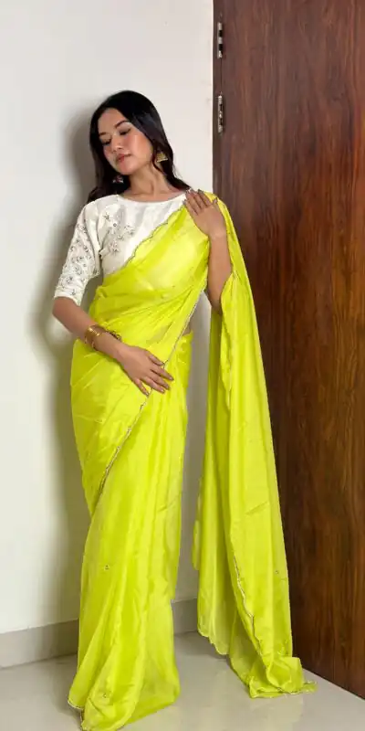 Lemon Yellow Soft Organza With Handwork Saree