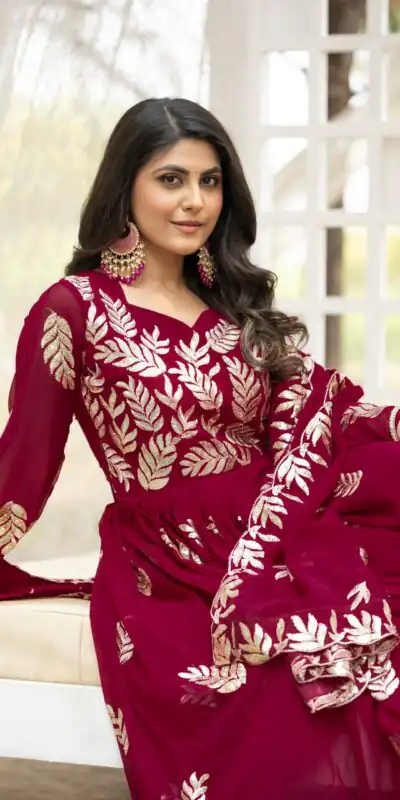 Ram 087 Maroon in Fox Georgette Embroidery Work & Thread Embroidery Gown . Special Price ₹2149. Delivery 4-6 Working Days. Shop now. | Bollywood Gowns, Creative Gowns, Designer Gowns, Embroidered Gowns, Gowns, Party Wear Gowns