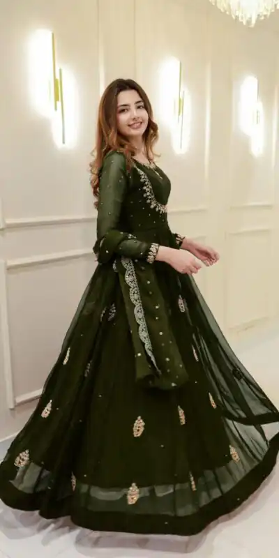 LG 2006 Mehendi Georgette Gown Perfect for Wedding, Party, Engagement, Diwali, Sangeet . Exclusive Offer ₹1999. Delivery 4-6 Working Days. Shop now. | Bollywood Gowns, Creative Gowns, Designer Gowns, Embroidered Gowns, Gowns, Party Wear Gowns