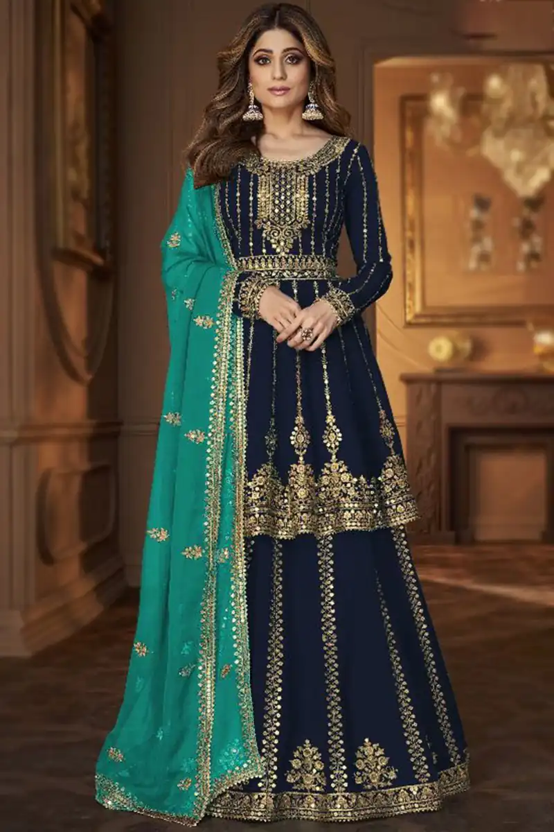 DS A 9125 Navy Blue Faux Georgette Salwar Suit with Embroidery Work. Special Price ₹2599. Delivery 4-6 Working Days. Shop now. | Casual Suits, Jump Suits, Tops & Bottoms, Track Suits, Trendy Wear, Creative suits, Designer Suits, Palazzo Suits, Party Wear Suits, Patiala Suits, Salwar suit, Straight Suits