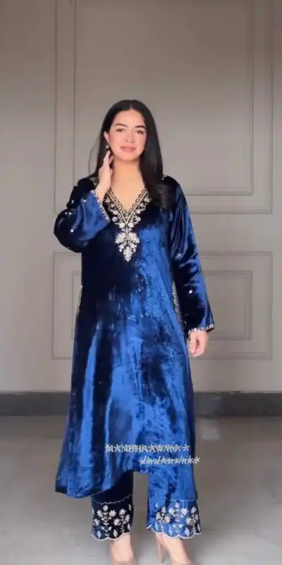 LG 2025 Navy Blue Velvet Salwar Suit with Embroidery Work & Lace Work. Exclusive Offer ₹1899. Delivery 4-6 Working Days. Shop now. | Casual Suits, Jump Suits, Tops & Bottoms, Track Suits, Trendy Wear, Creative suits, Designer Suits, Palazzo Suits, Party Wear Suits, Patiala Suits, Salwar suit, Straight Suits