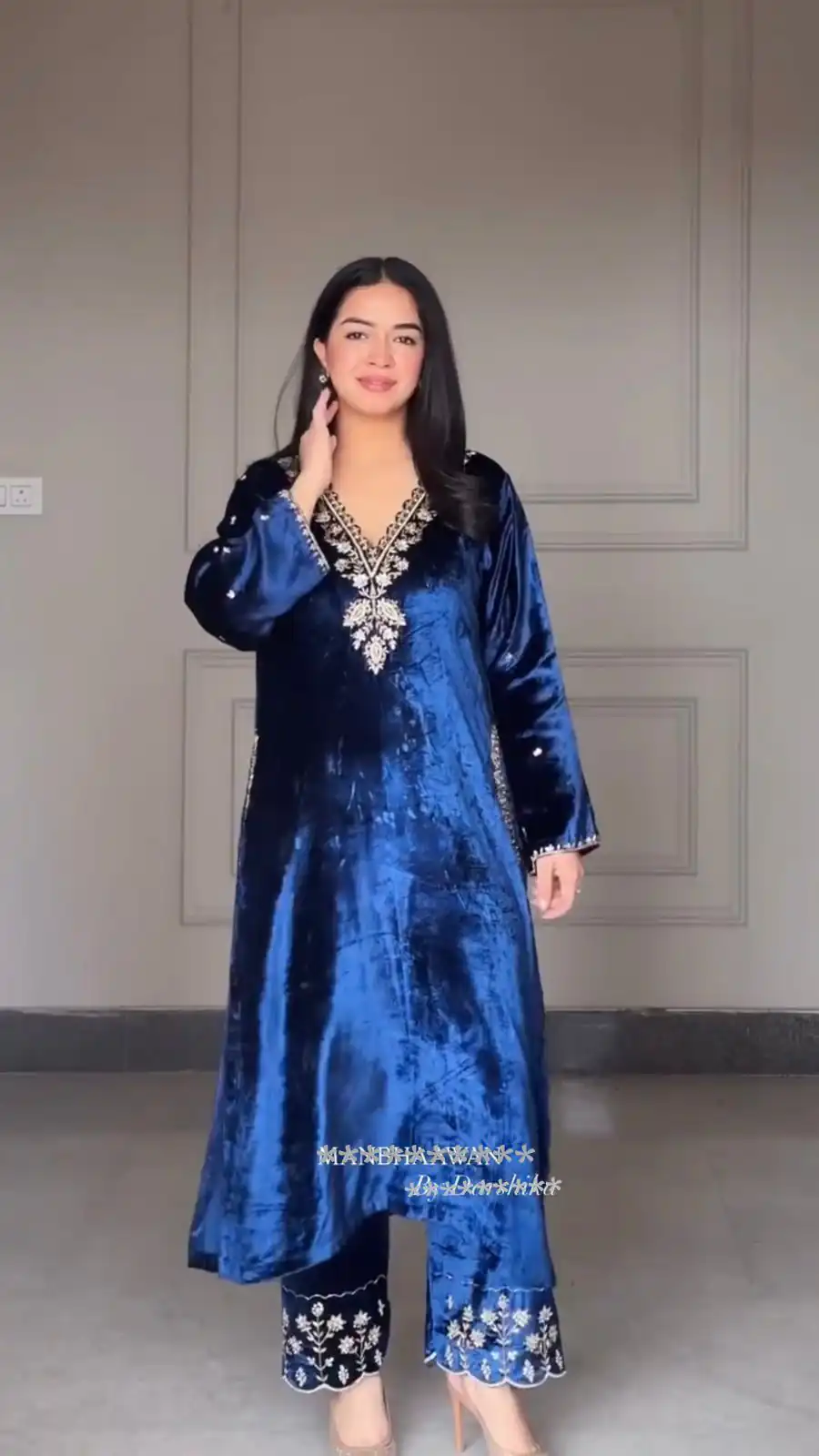 LG 2025 Navy Blue Velvet Salwar Suit with Embroidery Work & Lace Work. Exclusive Offer ₹1899. Delivery 4-6 Working Days. Shop now. | Casual Suits, Jump Suits, Tops & Bottoms, Track Suits, Trendy Wear, Creative suits, Designer Suits, Palazzo Suits, Party Wear Suits, Patiala Suits, Salwar suit, Straight Suits