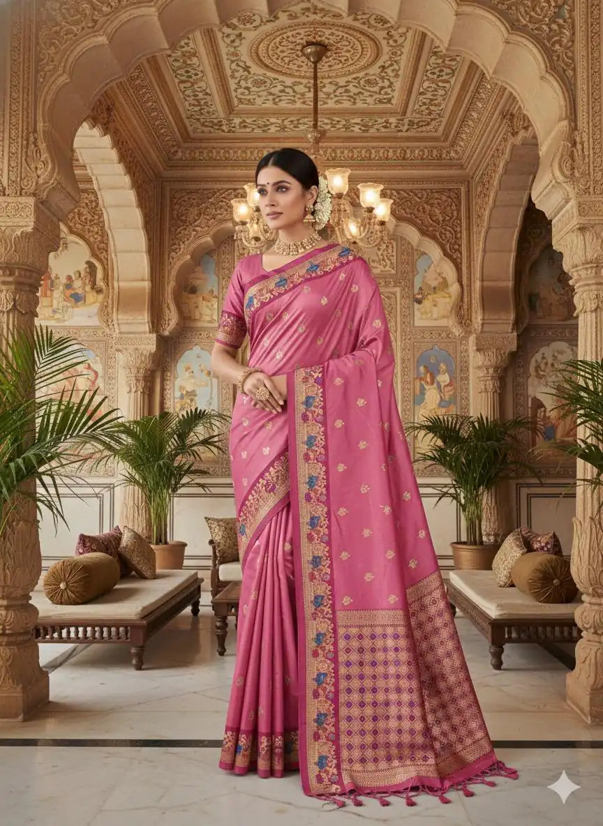 MS 545 Pink Banarasi Silk Saree with Zari Work. Wedding, Party, Festive, Events, Now at just ₹1649. Delivery 4-6 Working Days. Shop now. | Creative Sarees, Embroidered Sarees, Bollywood Sarees, Designer Sarees, Ethnic Saree, Modern Digital sarees, Party Wear Sarees, Sarees
