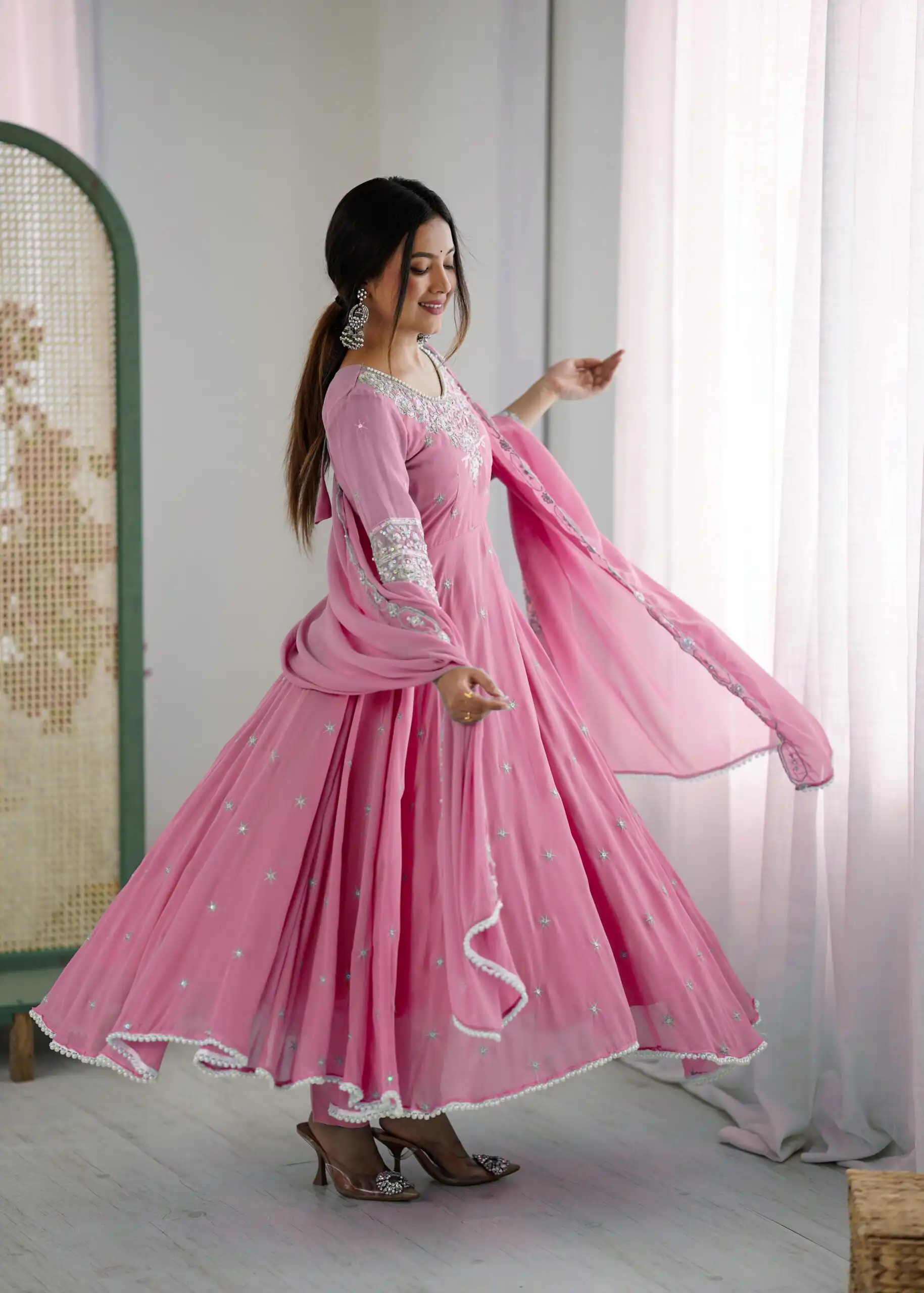 ZF 5012 Pink Blooming Faux Gown with Embroidery Work. Wedding, Party, Festive, Events Grab it for ₹2149. Delivery 4-6 Working Days. Shop now. | Bollywood Lehenga, Creative Lehenga, Designer Lehenga, Embroidered Lehenga, Lehenga, Party Wear Lehenga