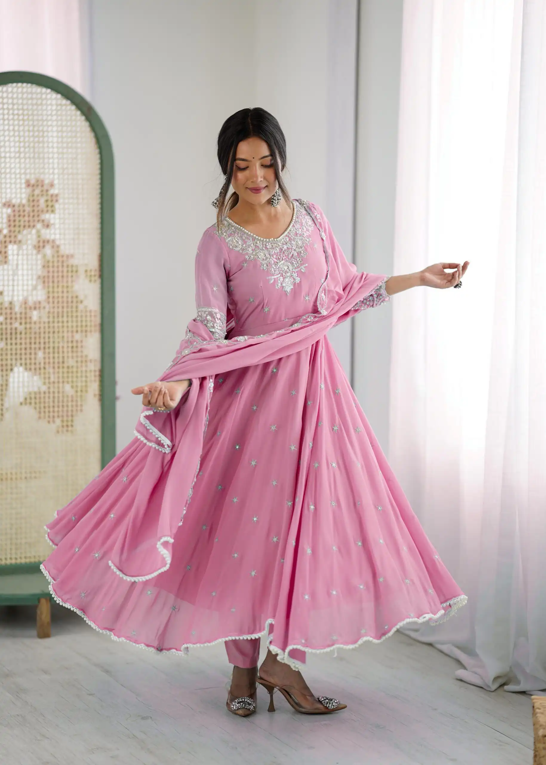 ZF 5012 Pink Blooming Faux Gown with Embroidery Work. Wedding, Party, Festive, Events Grab it for ₹2149. Delivery 4-6 Working Days. Shop now. | Bollywood Lehenga, Creative Lehenga, Designer Lehenga, Embroidered Lehenga, Lehenga, Party Wear Lehenga