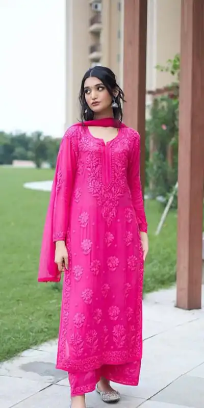 BE 370 Pink Faux Georgette Salwar Suit with Lace Work & Embroidery Work. Festive Deal ₹1949. Delivery 4-6 Working Days. Shop now. | Casual Suits, Jump Suits, Creative suits, Designer Suits, Palazzo Suits, Party Wear Suits, Patiala Suits, Salwar suit, Straight Suits
