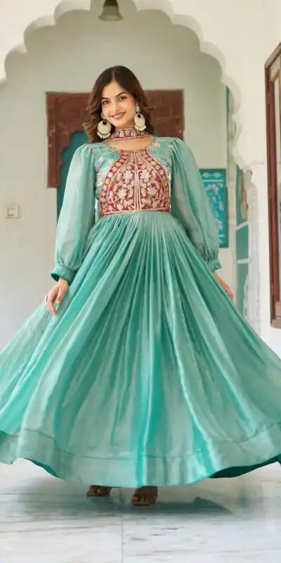 Ram 146 Pista Fendy Silk Gown With Embroidery Work. Special Price ₹2049. Wedding, Party, Festive, Events, Delivery 4-6 Working Days. Shop now. | Bollywood Gowns, Creative Gowns, Designer Gowns, Embroidered Gowns, Gowns, Party Wear Gowns
