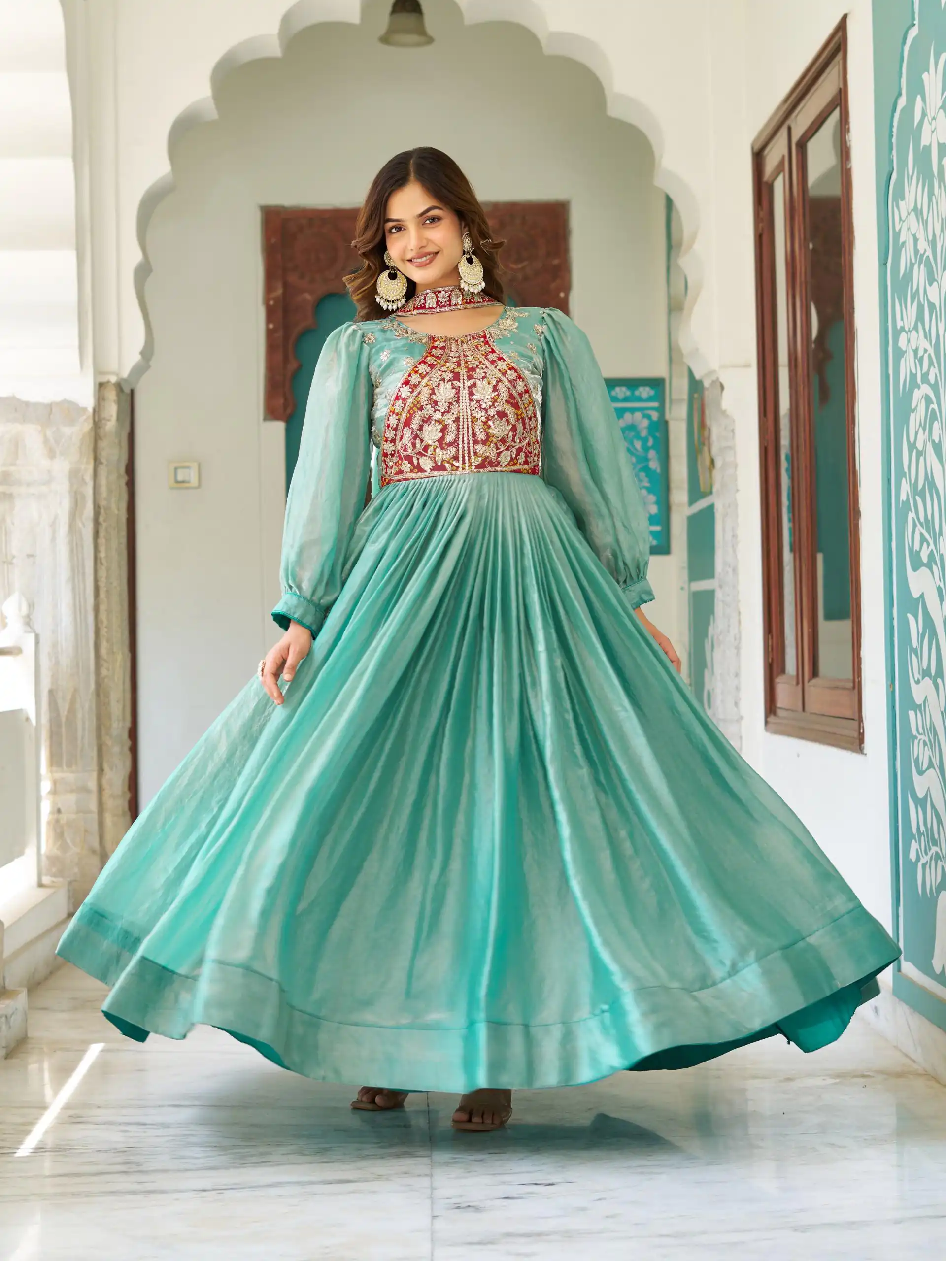 Ram 146 Pista Fendy Silk Gown With Embroidery Work. Special Price ₹2049. Wedding, Party, Festive, Events, Delivery 4-6 Working Days. Shop now. | Bollywood Gowns, Creative Gowns, Designer Gowns, Embroidered Gowns, Gowns, Party Wear Gowns