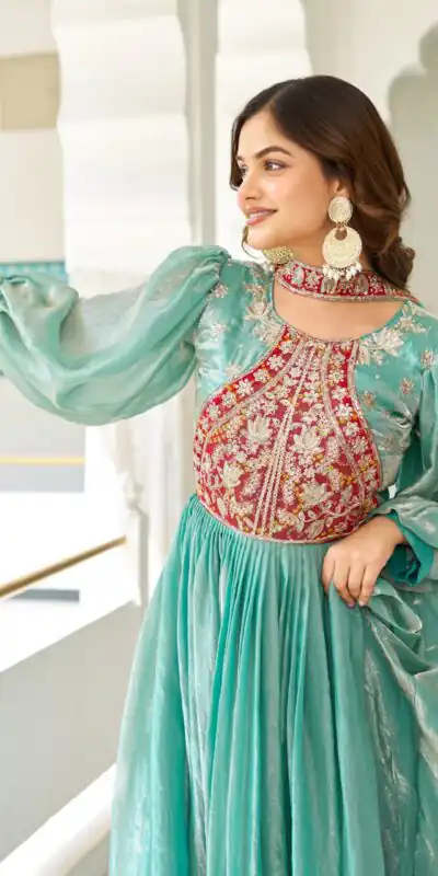 Ram 146 Pista Fendy Silk Gown With Embroidery Work. Special Price ₹2049. Wedding, Party, Festive, Events, Delivery 4-6 Working Days. Shop now. | Bollywood Gowns, Creative Gowns, Designer Gowns, Embroidered Gowns, Gowns, Party Wear Gowns