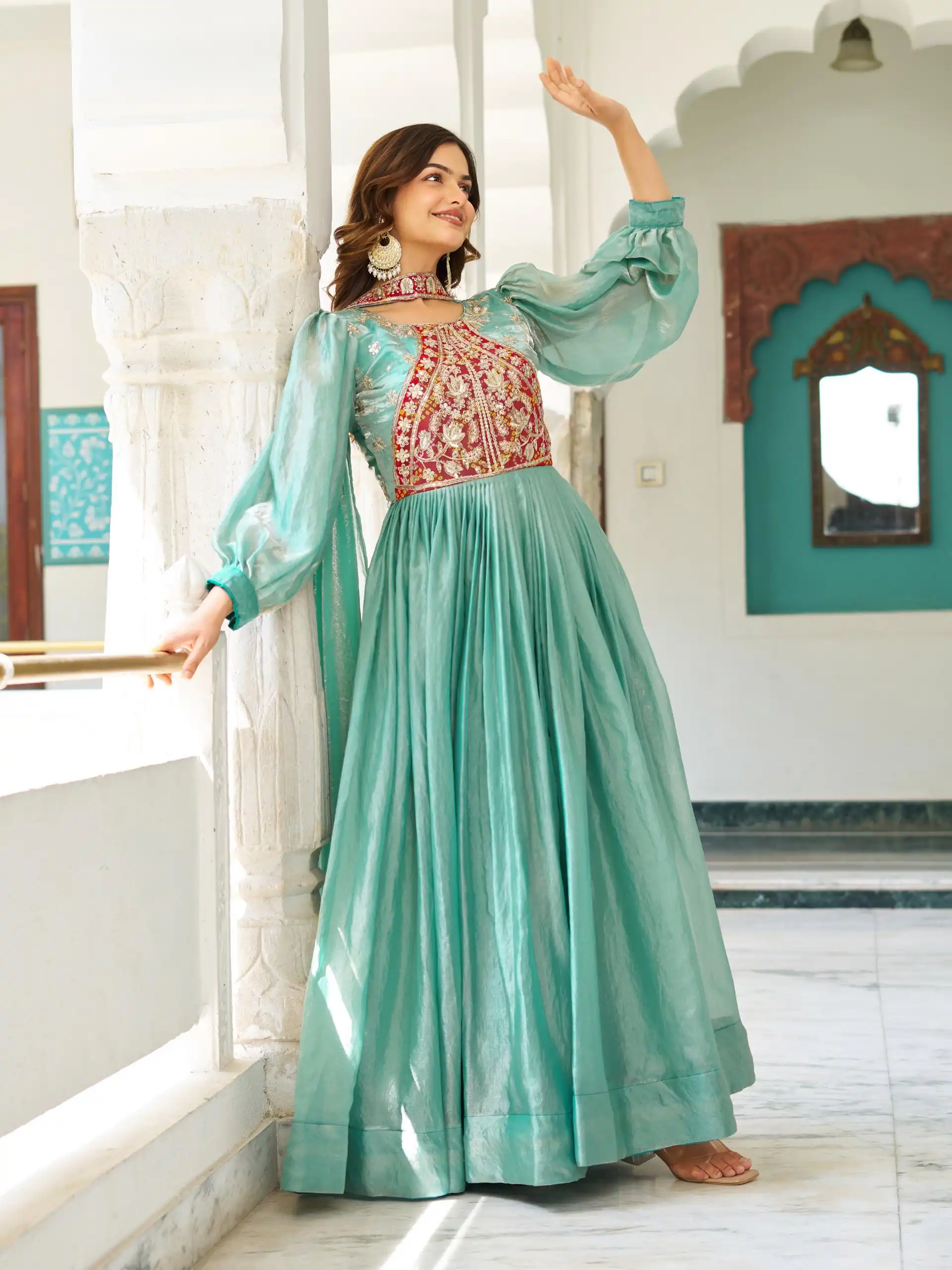 Ram 146 Pista Fendy Silk Gown With Embroidery Work. Special Price ₹2049. Wedding, Party, Festive, Events, Delivery 4-6 Working Days. Shop now. | Bollywood Gowns, Creative Gowns, Designer Gowns, Embroidered Gowns, Gowns, Party Wear Gowns