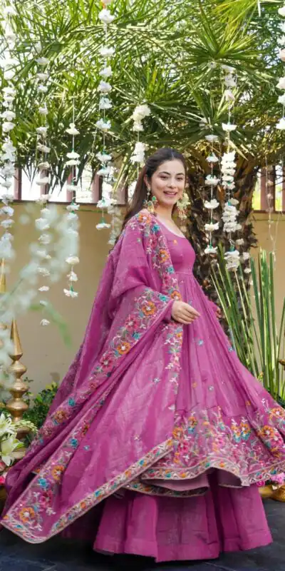 NSR 880 Purple Crunchy Silk Gown with Embroidery Work. Wedding, Party, Festive, Events Grab it for ₹2249. Delivery 4-6 Working Days. Shop now. | Bollywood Gowns, Creative Gowns, Designer Gowns, Embroidered Gowns, Gowns, Party Wear Gowns