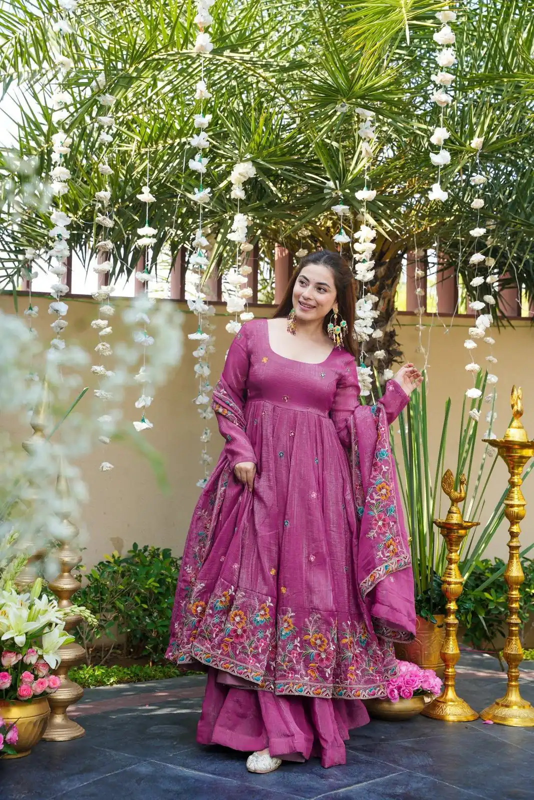 NSR 880 Purple Crunchy Silk Gown with Embroidery Work. Wedding, Party, Festive, Events Grab it for ₹2249. Delivery 4-6 Working Days. Shop now. | Bollywood Gowns, Creative Gowns, Designer Gowns, Embroidered Gowns, Gowns, Party Wear Gowns