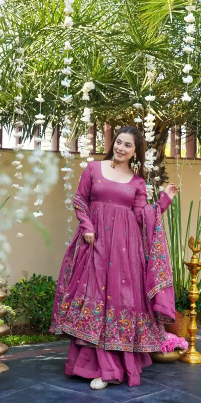 NSR 880 Purple Crunchy Silk Gown with Embroidery Work. Wedding, Party, Festive, Events Grab it for ₹2249. Delivery 4-6 Working Days. Shop now. | Bollywood Gowns, Creative Gowns, Designer Gowns, Embroidered Gowns, Gowns, Party Wear Gowns