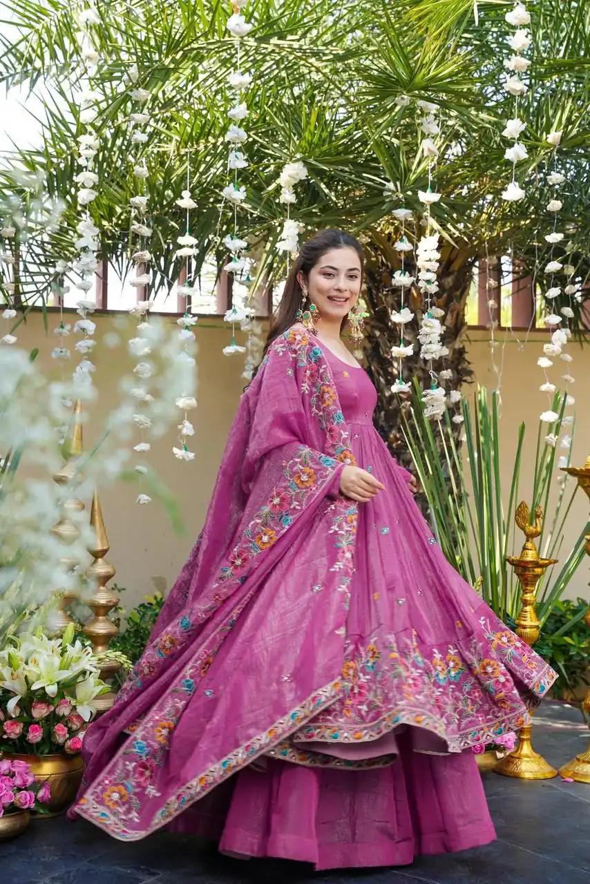 NSR 880 Purple Crunchy Silk Gown with Embroidery Work. Wedding, Party, Festive, Events Grab it for ₹2249. Delivery 4-6 Working Days. Shop now. | Bollywood Gowns, Creative Gowns, Designer Gowns, Embroidered Gowns, Gowns, Party Wear Gowns