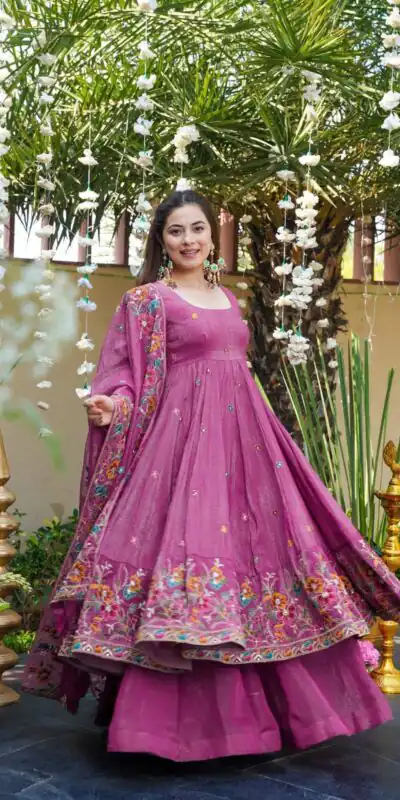 NSR 880 Purple Crunchy Silk Gown with Embroidery Work. Wedding, Party, Festive, Events Grab it for ₹2249. Delivery 4-6 Working Days. Shop now. | Bollywood Gowns, Creative Gowns, Designer Gowns, Embroidered Gowns, Gowns, Party Wear Gowns