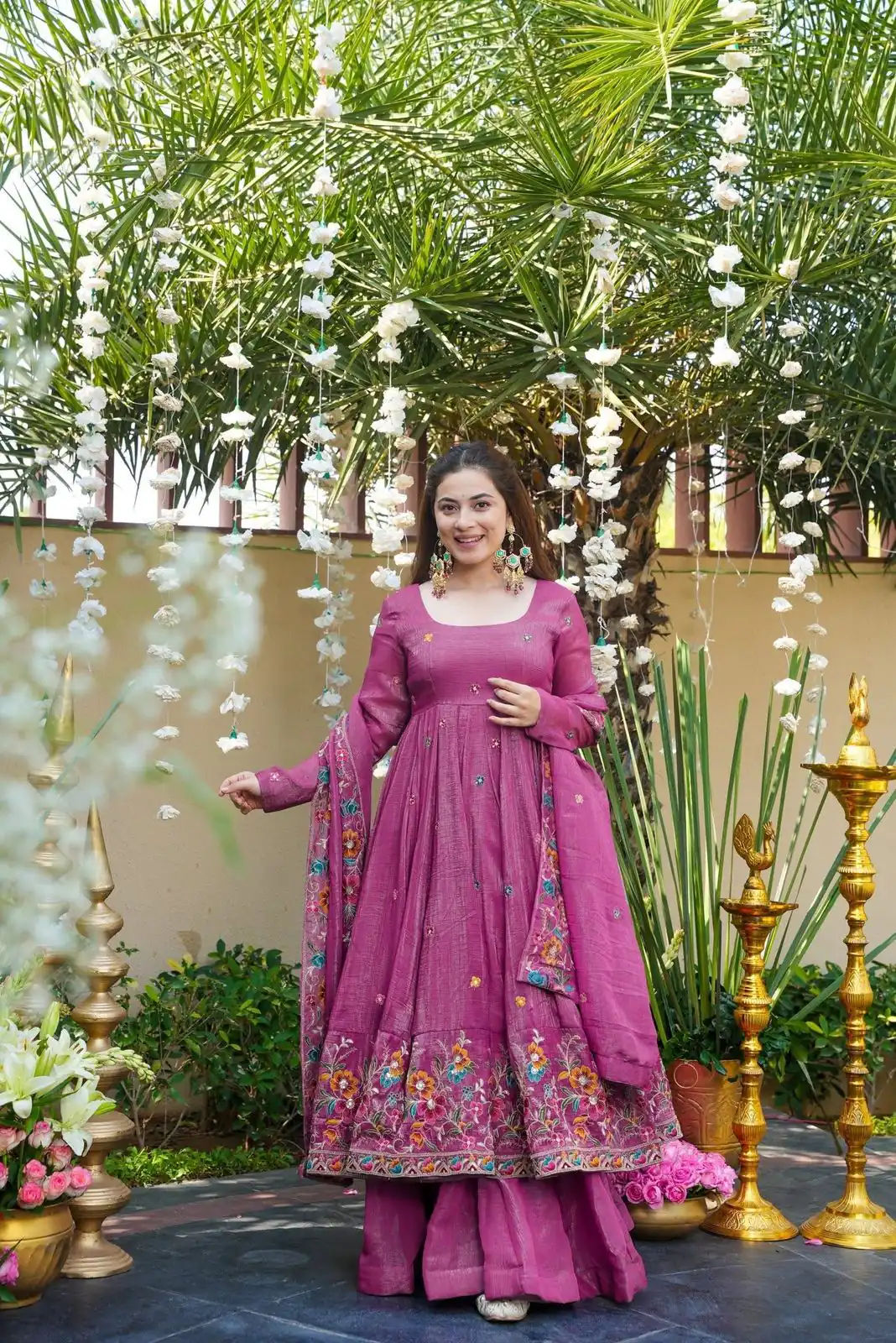 NSR 880 Purple Crunchy Silk Gown with Embroidery Work. Wedding, Party, Festive, Events Grab it for ₹2249. Delivery 4-6 Working Days. Shop now. | Bollywood Gowns, Creative Gowns, Designer Gowns, Embroidered Gowns, Gowns, Party Wear Gowns