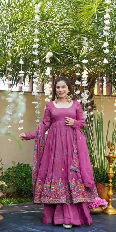 NSR 880 Purple Crunchy Silk Gown with Embroidery Work. Wedding, Party, Festive, Events Grab it for ₹2249. Delivery 4-6 Working Days. Shop now. | Bollywood Gowns, Creative Gowns, Designer Gowns, Embroidered Gowns, Gowns, Party Wear Gowns