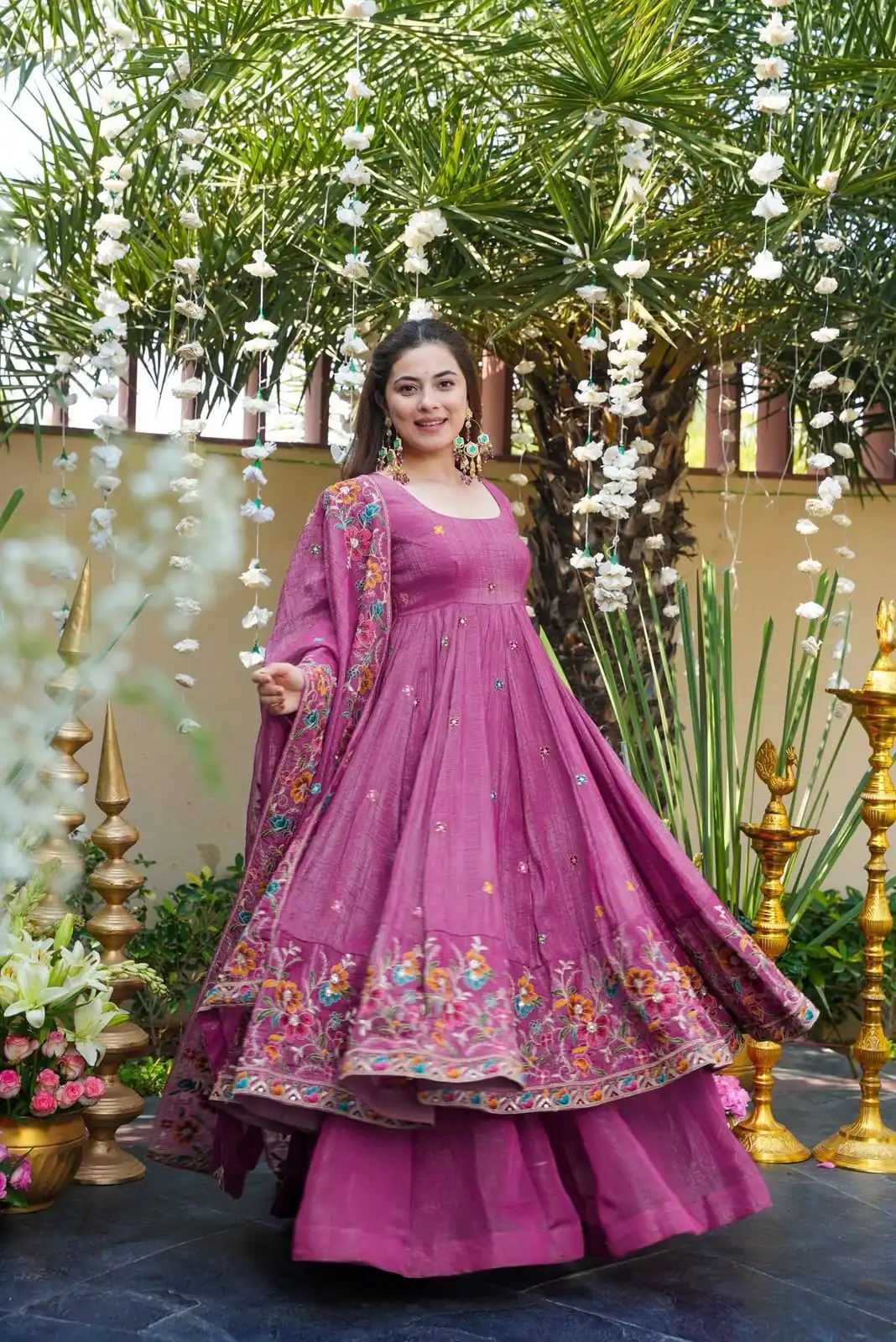 NSR 880 Purple Crunchy Silk Gown with Embroidery Work. Wedding, Party, Festive, Events Grab it for ₹2249. Delivery 4-6 Working Days. Shop now. | Bollywood Gowns, Creative Gowns, Designer Gowns, Embroidered Gowns, Gowns, Party Wear Gowns