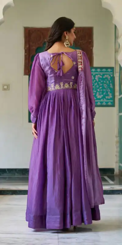 Ram 146 Purple Fendy Silk Gown With Embroidery Work. Special Price ₹2049. Wedding, Party, Festive, Events, Delivery 4-6 Working Days. Shop now. | Bollywood Gowns, Creative Gowns, Designer Gowns, Embroidered Gowns, Gowns, Party Wear Gowns