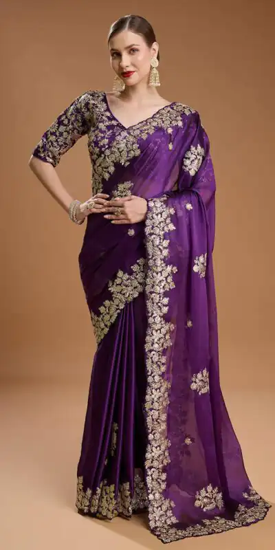 Purple Rangoli Silk Sequins Embroidery Work Saree