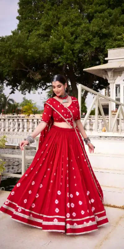 LNB 1663 Red Color Pure Chander Bandhej Print With Lace Touch Up Lehenga Choli Wedding, Party, Festive, Events Etc. Delivery 4-6 Working Days Rs 1899 | Bollywood Lehenga, Creative Lehenga, Designer Lehenga, Embroidered Lehenga, Lehenga, Party Wear Lehenga