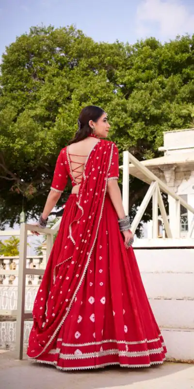 LNB 1663 Red Color Pure Chander Bandhej Print With Lace Touch Up Lehenga Choli Wedding, Party, Festive, Events Etc. Delivery 4-6 Working Days Rs 1899 | Bollywood Lehenga, Creative Lehenga, Designer Lehenga, Embroidered Lehenga, Lehenga, Party Wear Lehenga