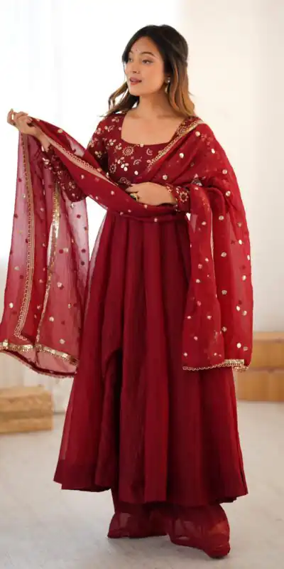 SRK 5290 Red Crunchy Silk Gown Perfect for Wedding, Party, Pongal, Traditional Day, Reception – . Get it for ₹1999. Delivery 4-6 Working Days. Shop now. | Bollywood Gowns, Creative Gowns, Designer Gowns, Embroidered Gowns, Gowns, Party Wear Gowns