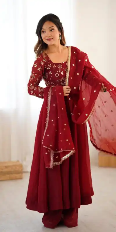 SRK 5290 Red Crunchy Silk Gown Perfect for Wedding, Party, Pongal, Traditional Day, Reception – . Get it for ₹1999. Delivery 4-6 Working Days. Shop now. | Bollywood Gowns, Creative Gowns, Designer Gowns, Embroidered Gowns, Gowns, Party Wear Gowns