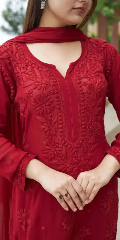 BE 370 Red Faux Georgette Salwar Suit with Lace Work & Embroidery Work. Festive Deal ₹1949. Delivery 4-6 Working Days. Shop now. | Casual Suits, Jump Suits, Creative suits, Designer Suits, Palazzo Suits, Party Wear Suits, Patiala Suits, Salwar suit, Straight Suits