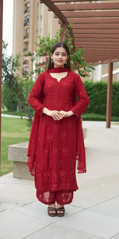 BE 370 Red Faux Georgette Salwar Suit with Lace Work & Embroidery Work. Festive Deal ₹1949. Delivery 4-6 Working Days. Shop now. | Casual Suits, Jump Suits, Creative suits, Designer Suits, Palazzo Suits, Party Wear Suits, Patiala Suits, Salwar suit, Straight Suits