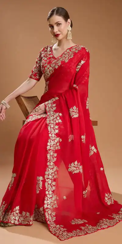 BT 1301 Red Rangoli Silk Saree with Sequins Work & Embroidery Work. Now at just ₹1999. Delivery 4-6 Working Days. Shop now. | Creative Sarees, Embroidered Sarees, Bollywood Sarees, Designer Sarees, Ethnic Saree, Modern Digital sarees, Party Wear Sarees, Sarees