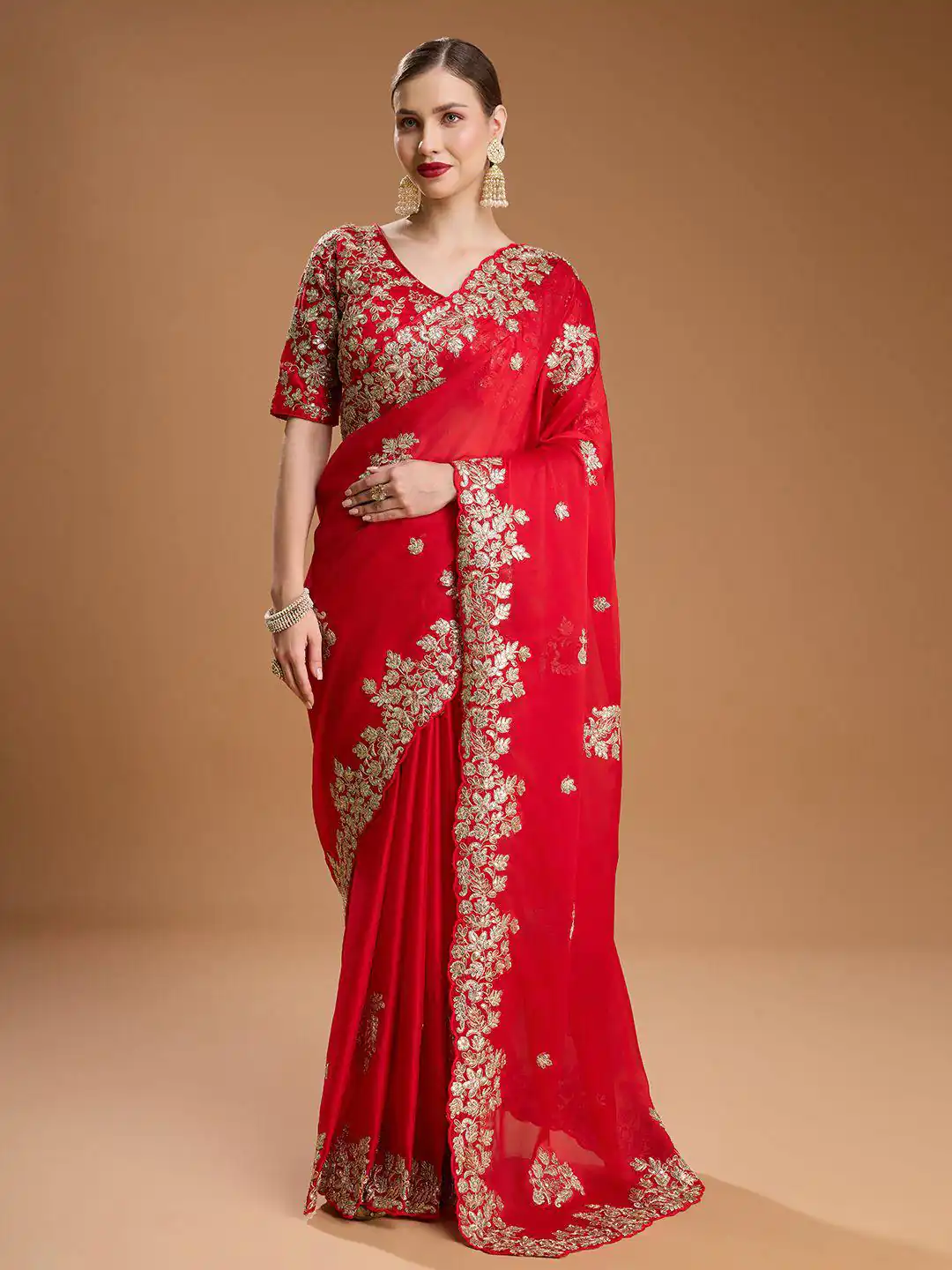 BT 1301 Red Rangoli Silk Saree with Sequins Work & Embroidery Work. Now at just ₹1999. Delivery 4-6 Working Days. Shop now. | Creative Sarees, Embroidered Sarees, Bollywood Sarees, Designer Sarees, Ethnic Saree, Modern Digital sarees, Party Wear Sarees, Sarees